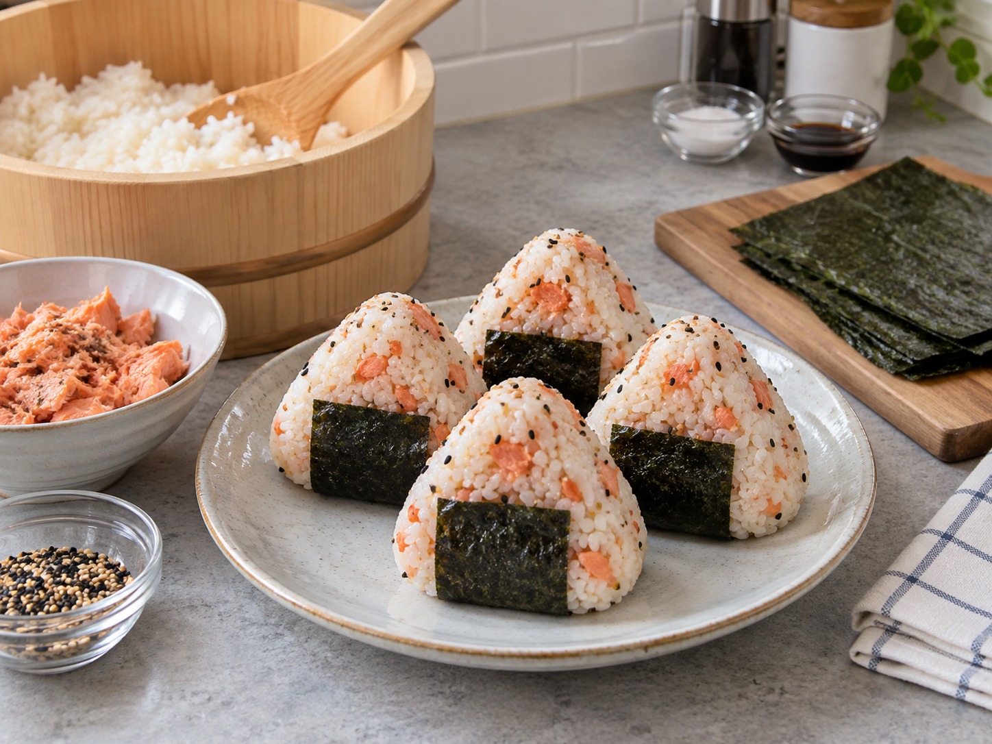 Onigiri Salmon Jepang — Bungkus onigiri dengan nori lalu sajikan