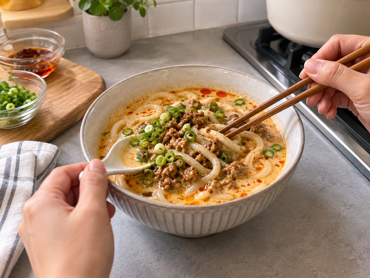 Japanese Tantan Udon sa Sabaw na Soy Milk — natapos na ulam
