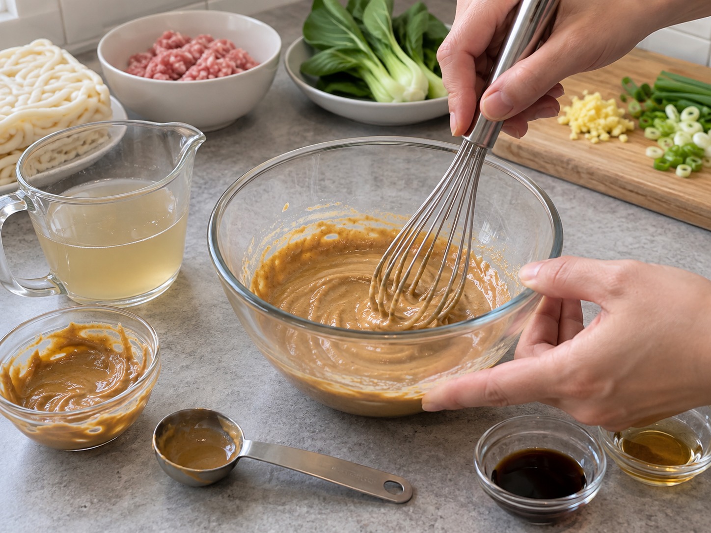 Japanese Tantan Udon sa Sabaw na Soy Milk — Haluin ang sesame paste sa kaunting sabaw hanggang makinis