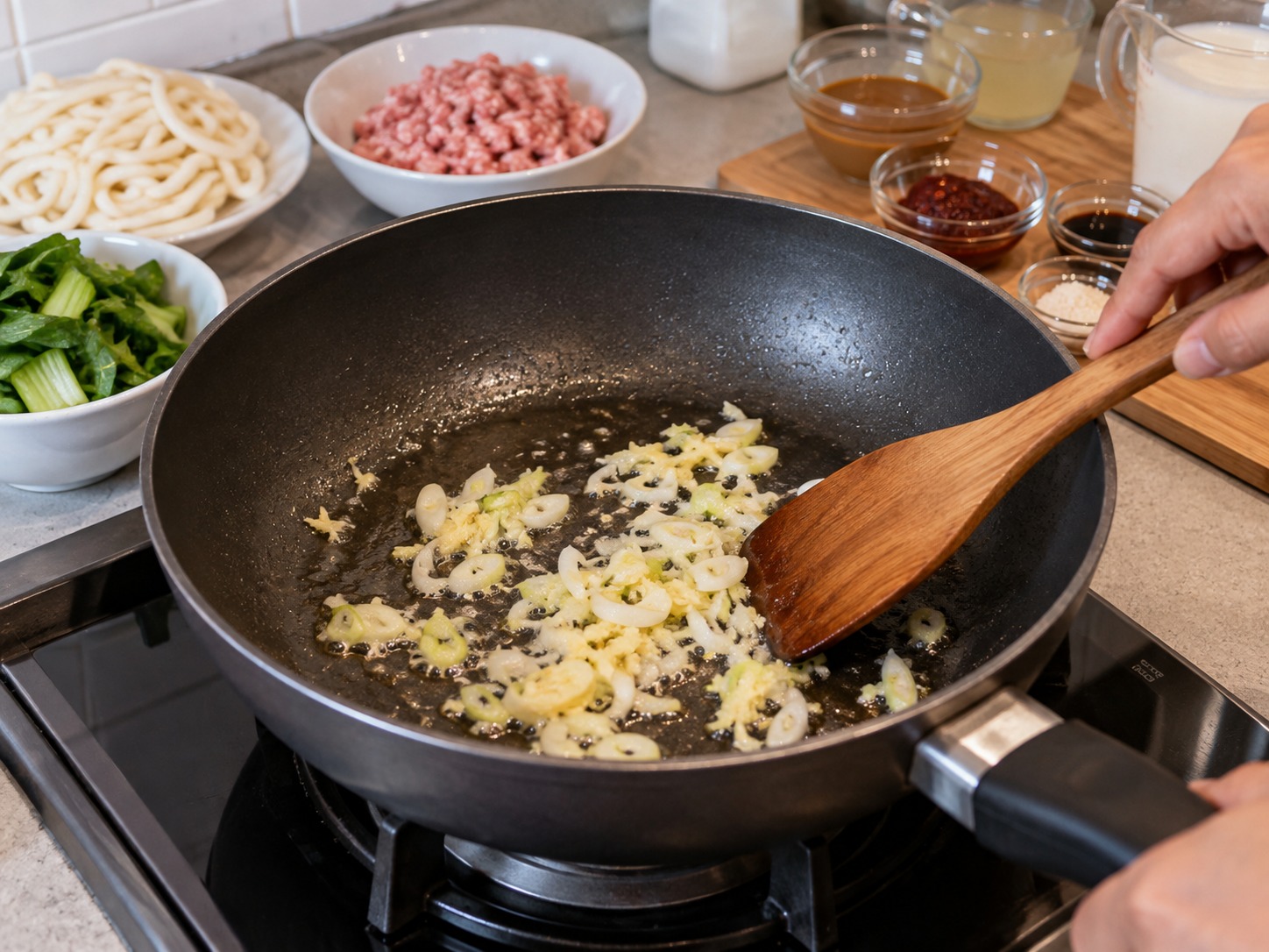 Japanese Tantan Udon sa Sabaw na Soy Milk — Painitin ang mantika at igisa ang luya at puting sibuyas nang tatlumpung segundo