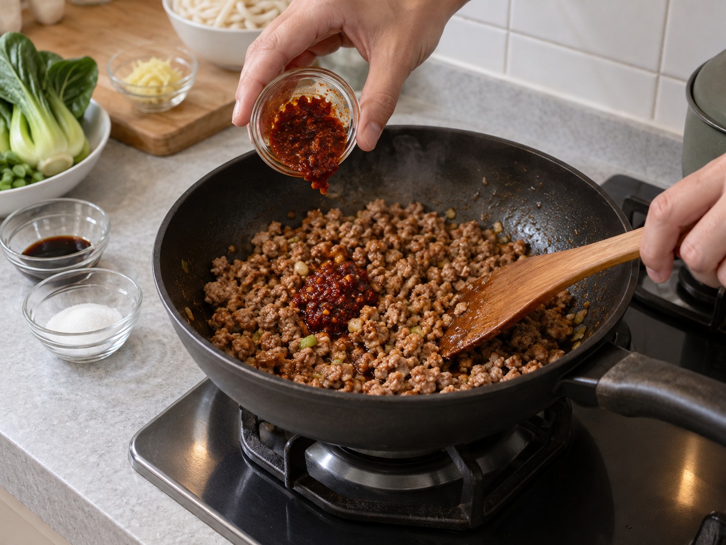 Japanese Tantan Udon sa Sabaw na Soy Milk — Ihalo ang chilli bean paste, toyo at asukal; lutuin nang isang minuto at patayin ang apoy