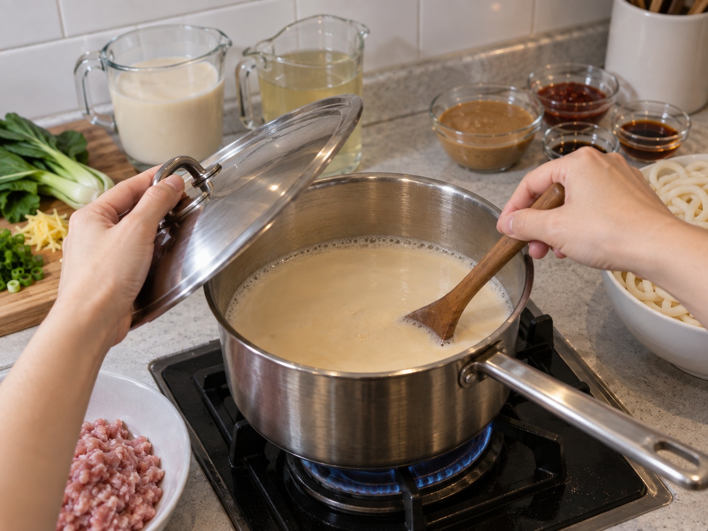 Japanese Tantan Udon sa Sabaw na Soy Milk — Dahan-dahang painitin ang natitirang sabaw at soy milk sa katamtamang hina