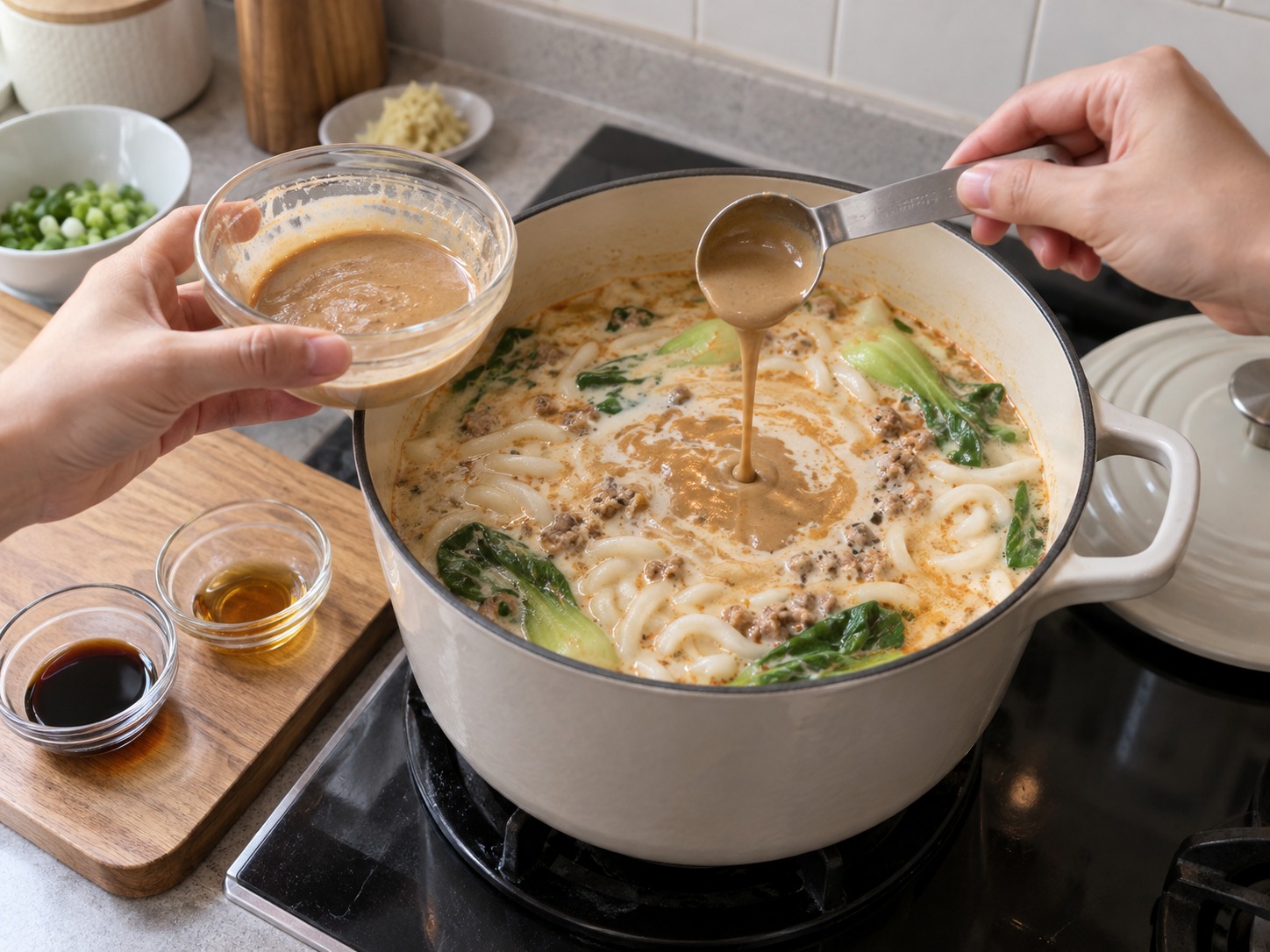 Japanese Tantan Udon sa Sabaw na Soy Milk — Idagdag ang sesame paste, toyo at langis ng linga nang hindi malakas ang pagkulo