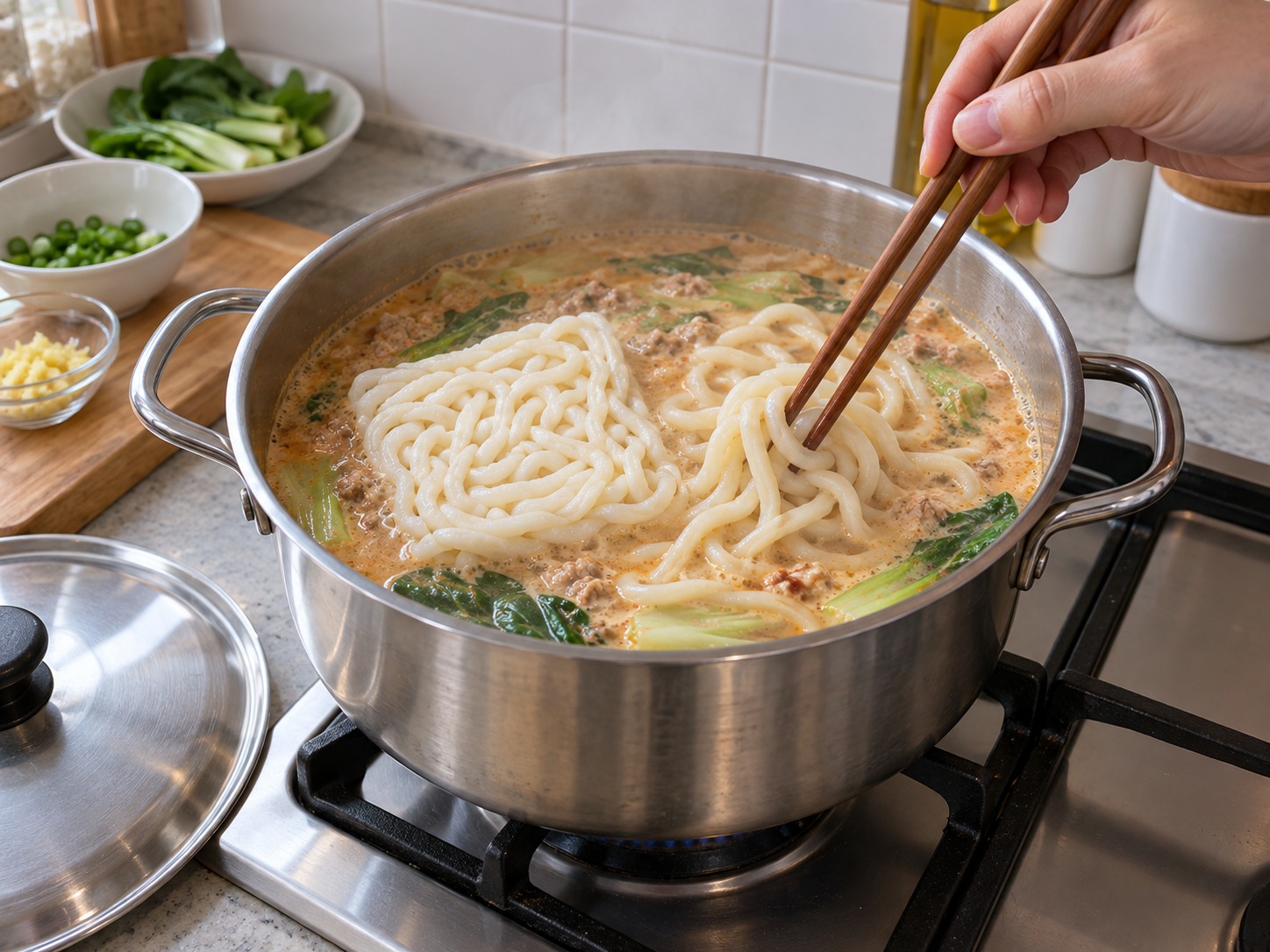 Japanese Tantan Udon sa Sabaw na Soy Milk — Idagdag ang frozen udon, paghiwa-hiwalayin nang marahan at lutuin nang tatlong minuto