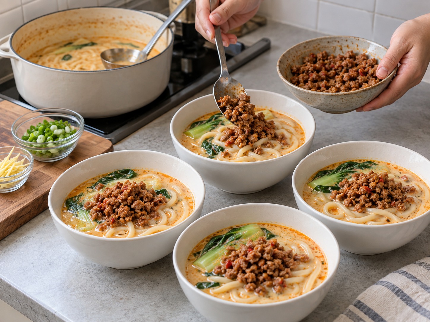 Japanese Tantan Udon sa Sabaw na Soy Milk — Hatiin ang udon at sabaw sa apat na mangkok at patungan ng lutong baboy
