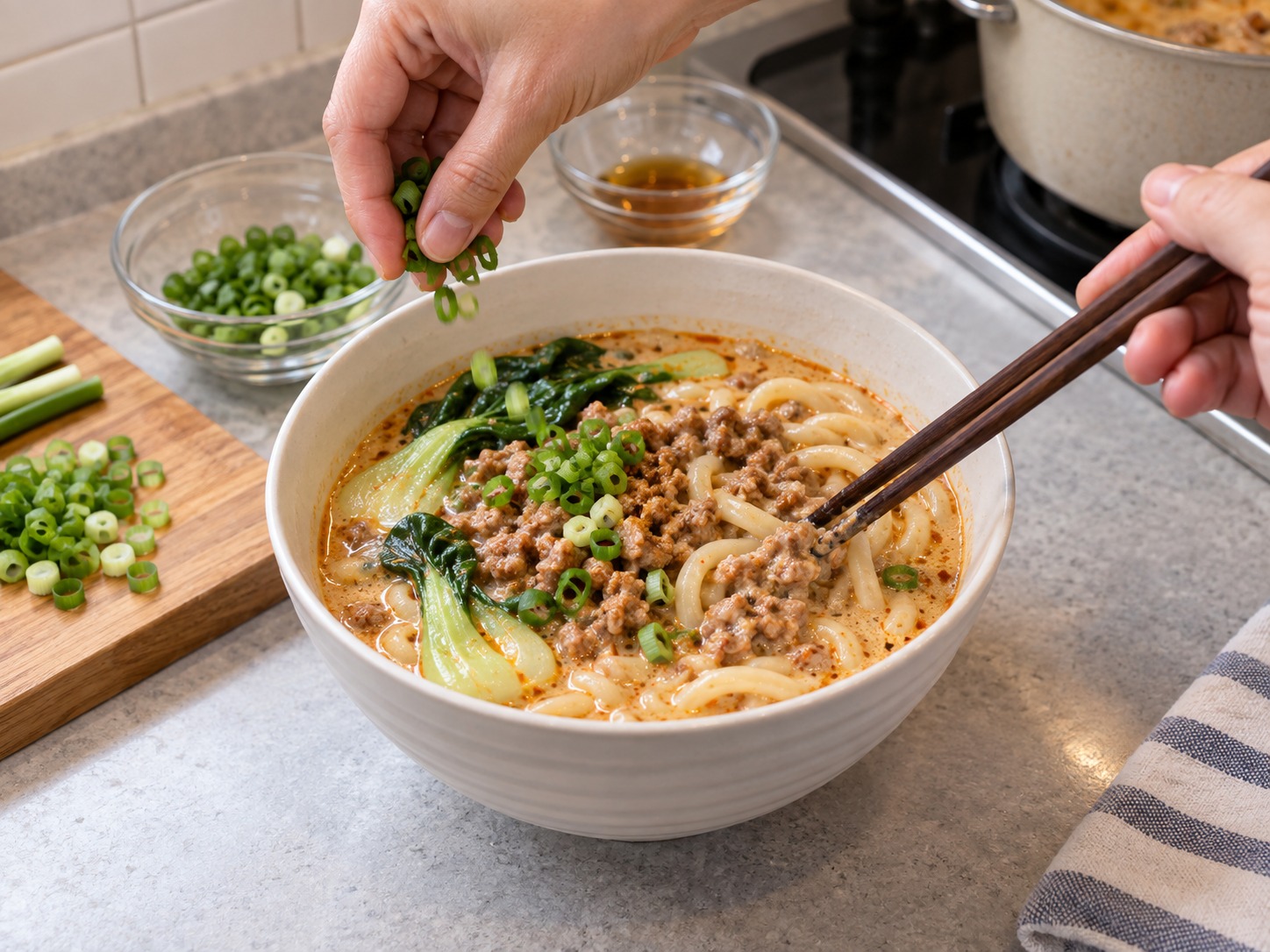 Japanese Tantan Udon sa Sabaw na Soy Milk — Budburan ng berdeng sibuyas at ihalo ang baboy sa sesame broth bago kainin