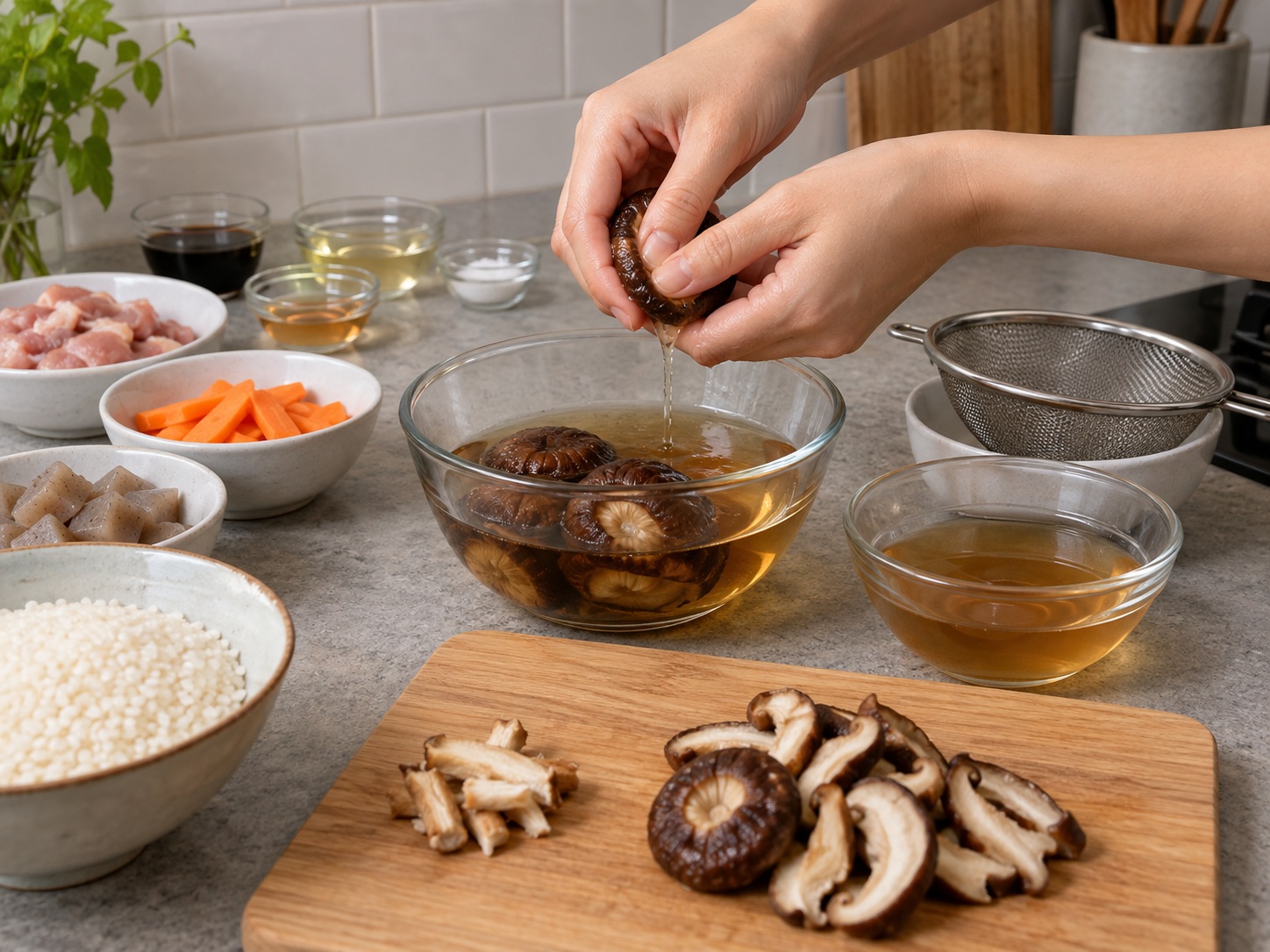 Japanese Takikomi Gohan — Soak the mushrooms