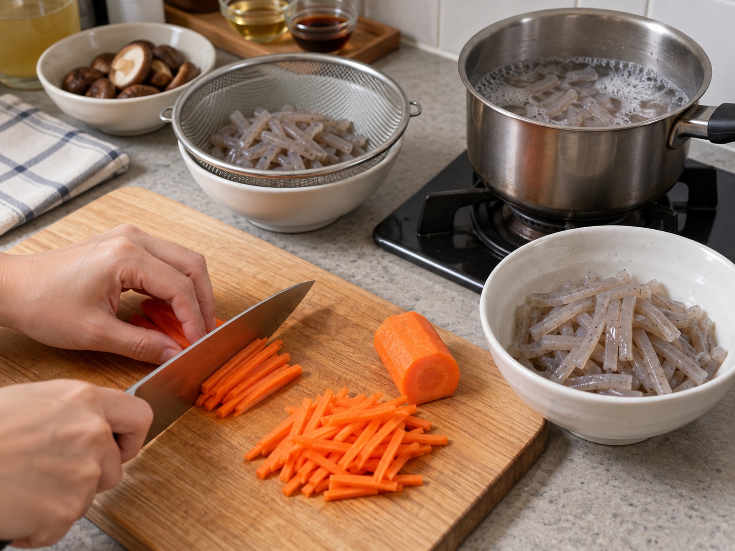Japanese Takikomi Gohan — Prepare carrot and konnyaku