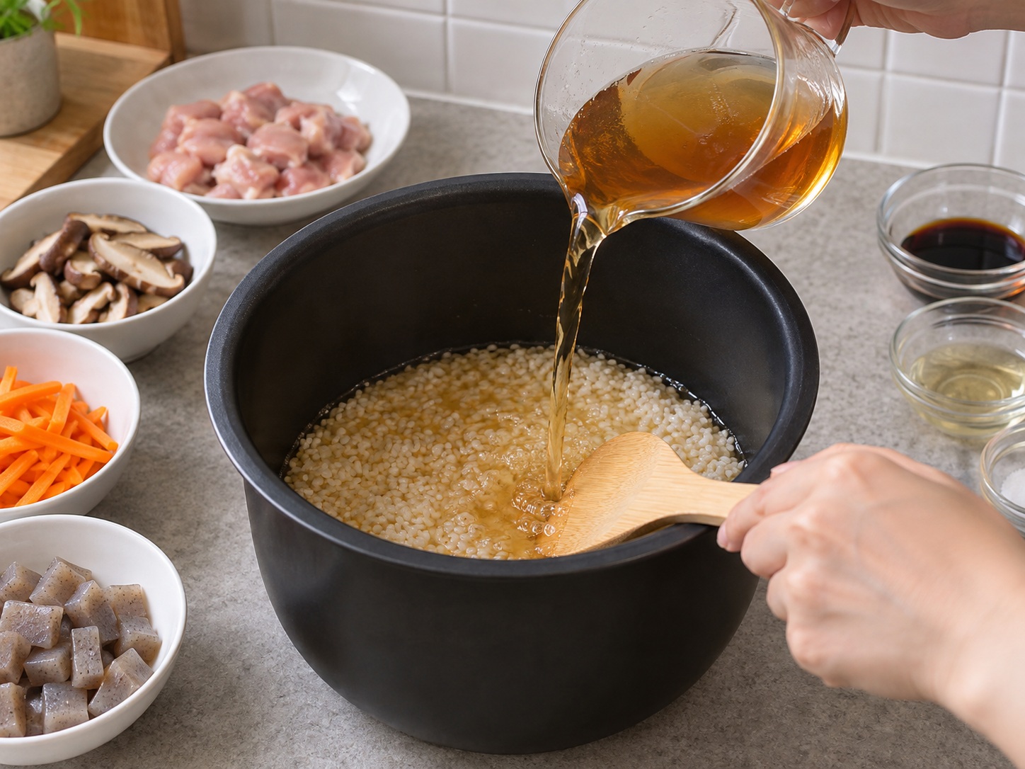 Japanese Takikomi Gohan — Add rice and liquid