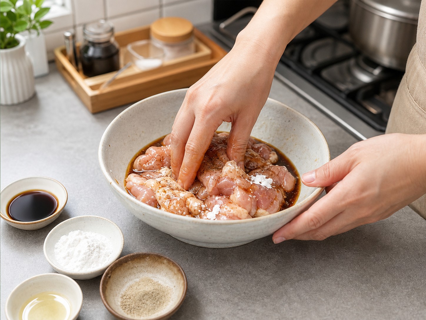 日式照燒雞扒飯:加生抽、清酒或水、白胡椒、粟粉和油醃10分鐘