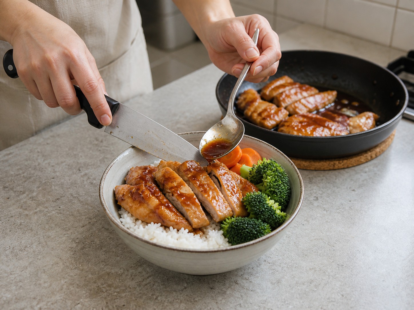 日式照燒雞扒飯:雞扒切條放白飯上