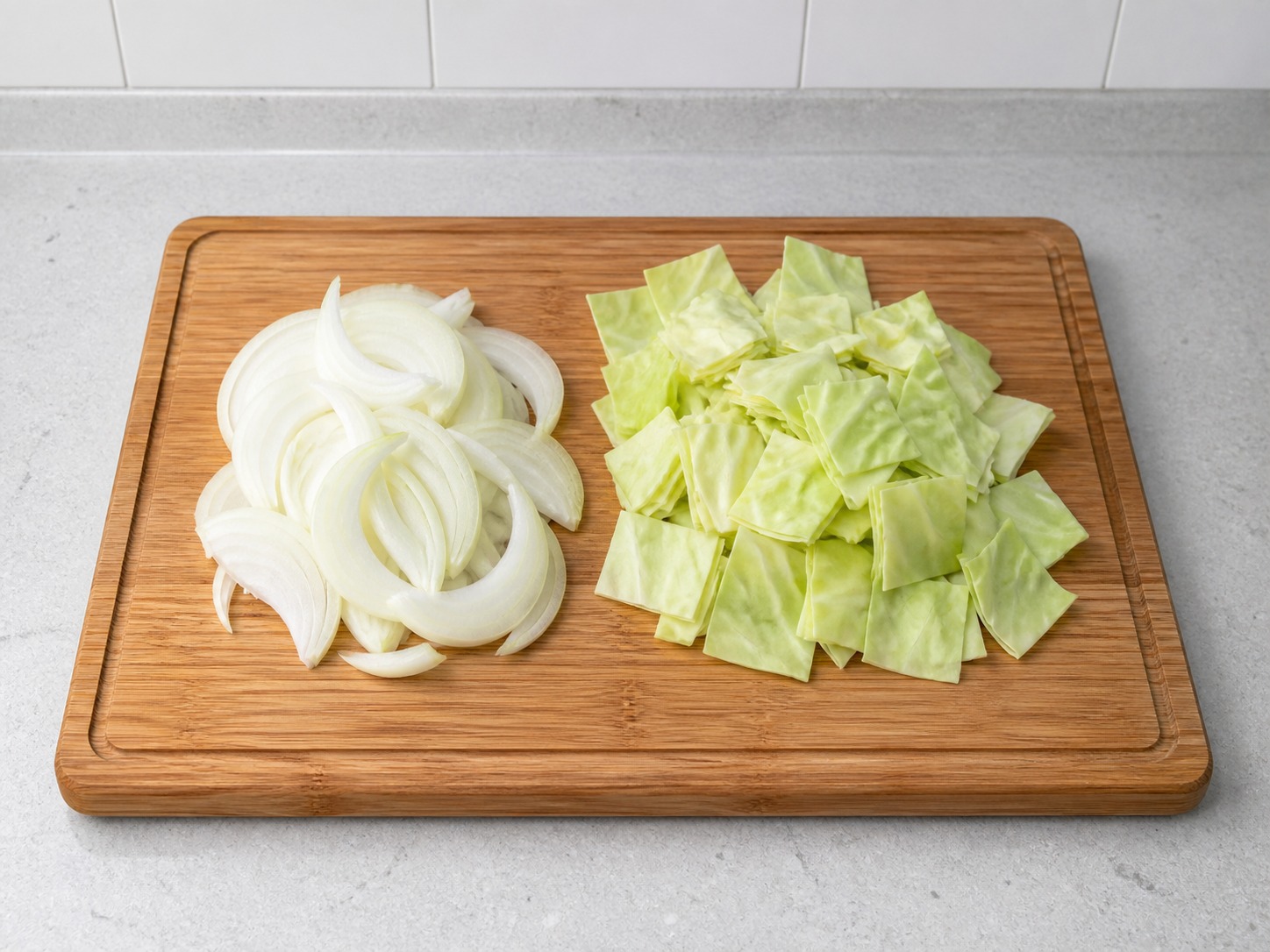 Japanese Pork and Vegetable Miso Soup — Cut onion and cabbage