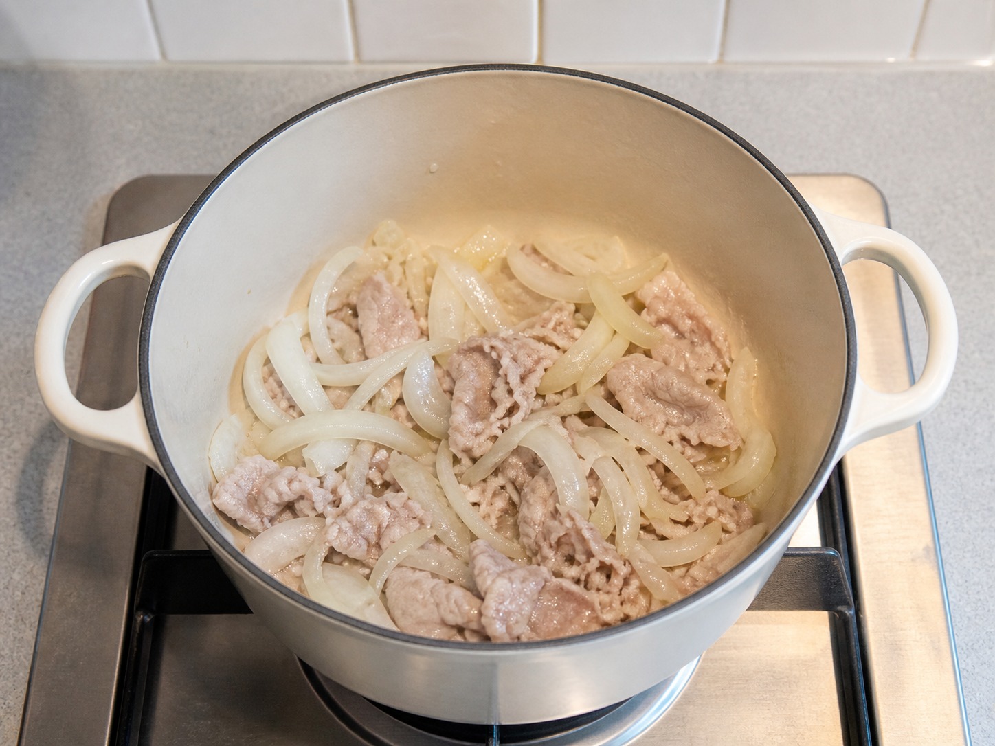 Japanese Pork and Vegetable Miso Soup — Soften onion
