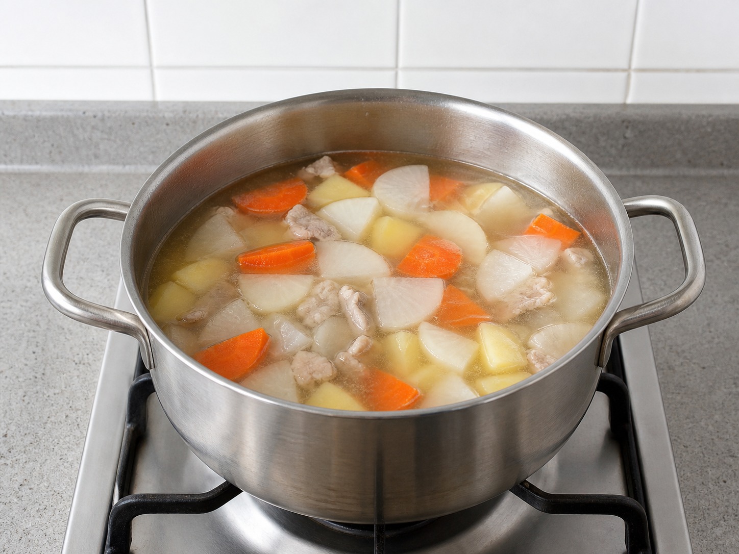 Japanese Pork and Vegetable Miso Soup — Add roots and stock