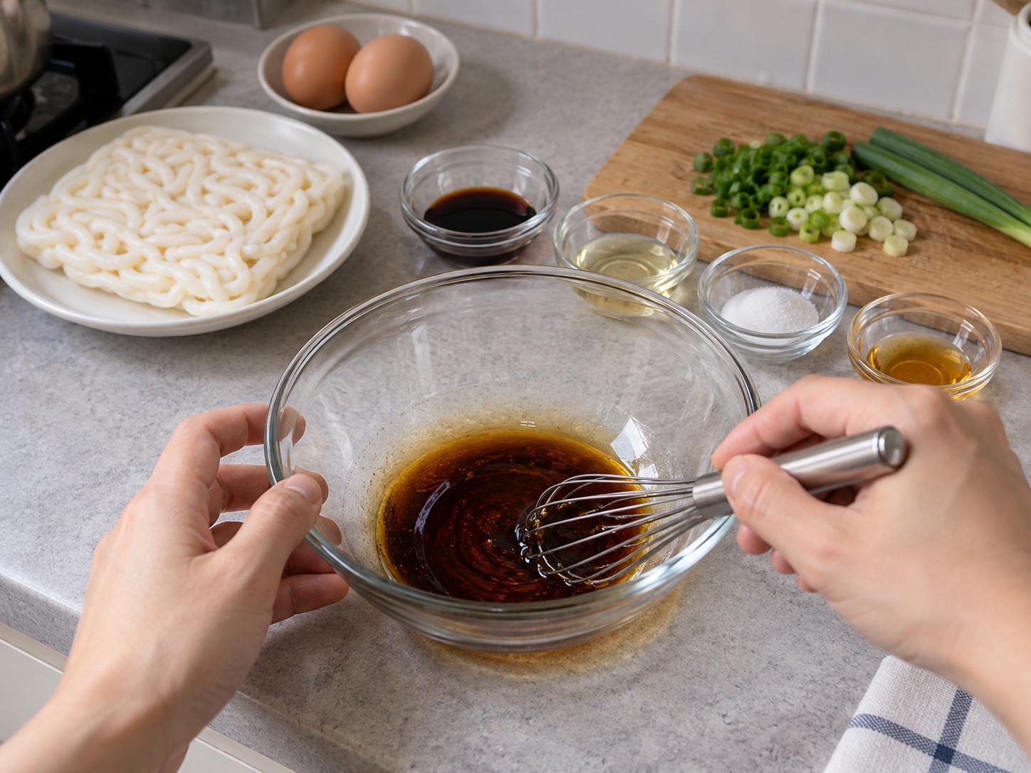 Japanese Udon na may Lutong-lutong Itlog — Paghaluin sa malaking mangkok ang Japanese soy sauce, mirin, asukal at langis ng linga