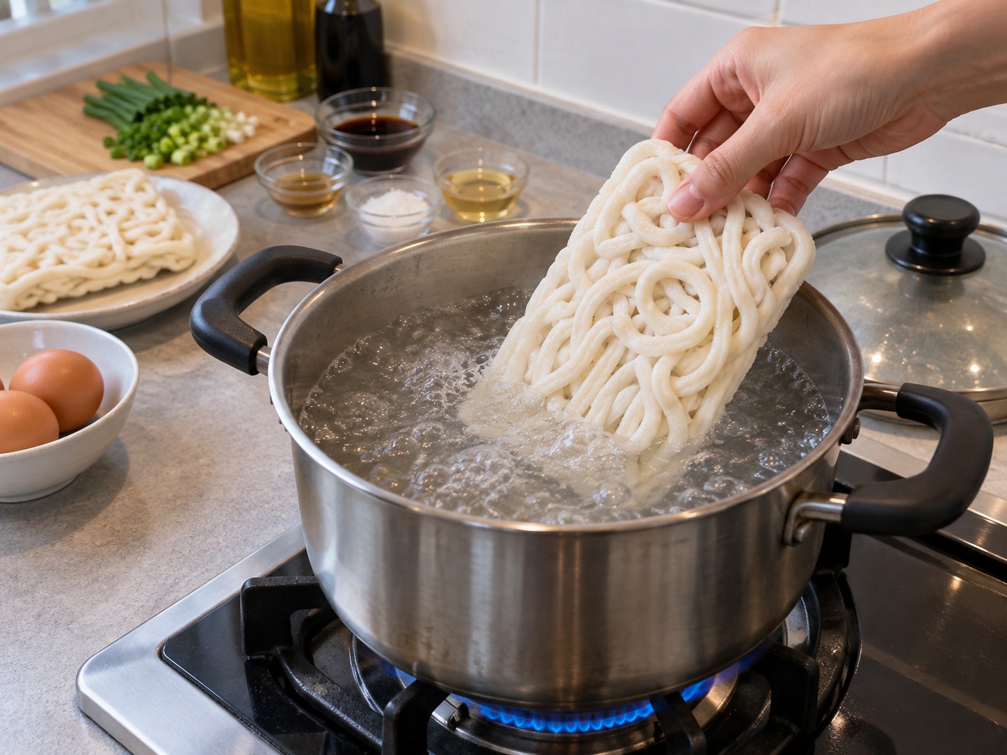 Japanese Udon na may Lutong-lutong Itlog — Pakuluan ang isang kalderong tubig at ilagay ang frozen udon