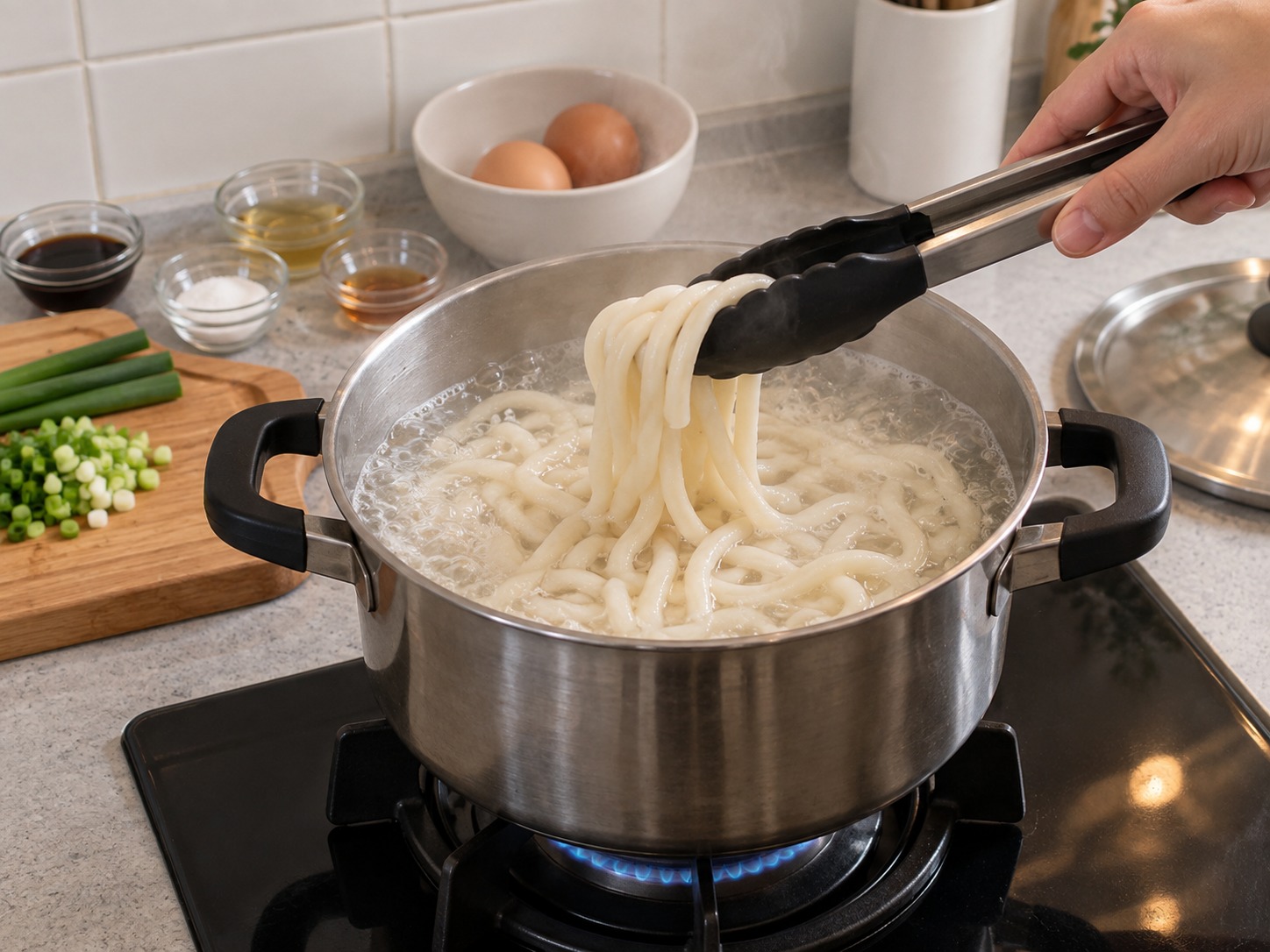 Japanese Udon na may Lutong-lutong Itlog — Lutuin ayon sa pakete hanggang magkahiwalay at mainit na mainit