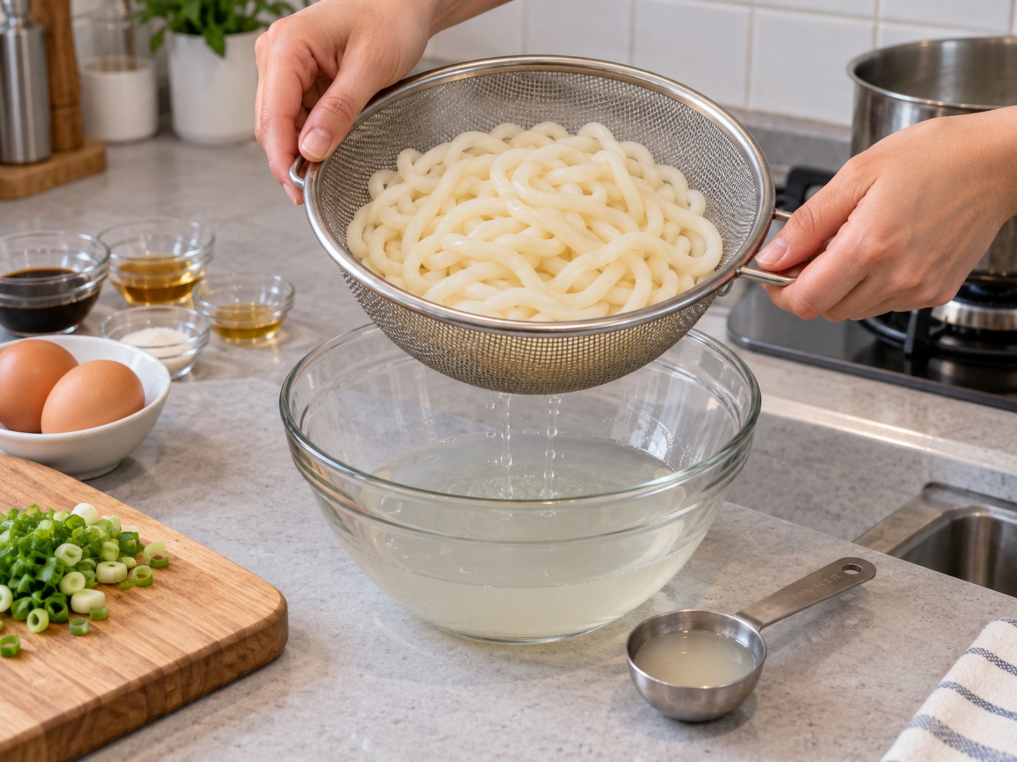Japanese Udon na may Lutong-lutong Itlog — Patuluin ang udon at magtabi ng dalawang kutsarang pinaglutuan