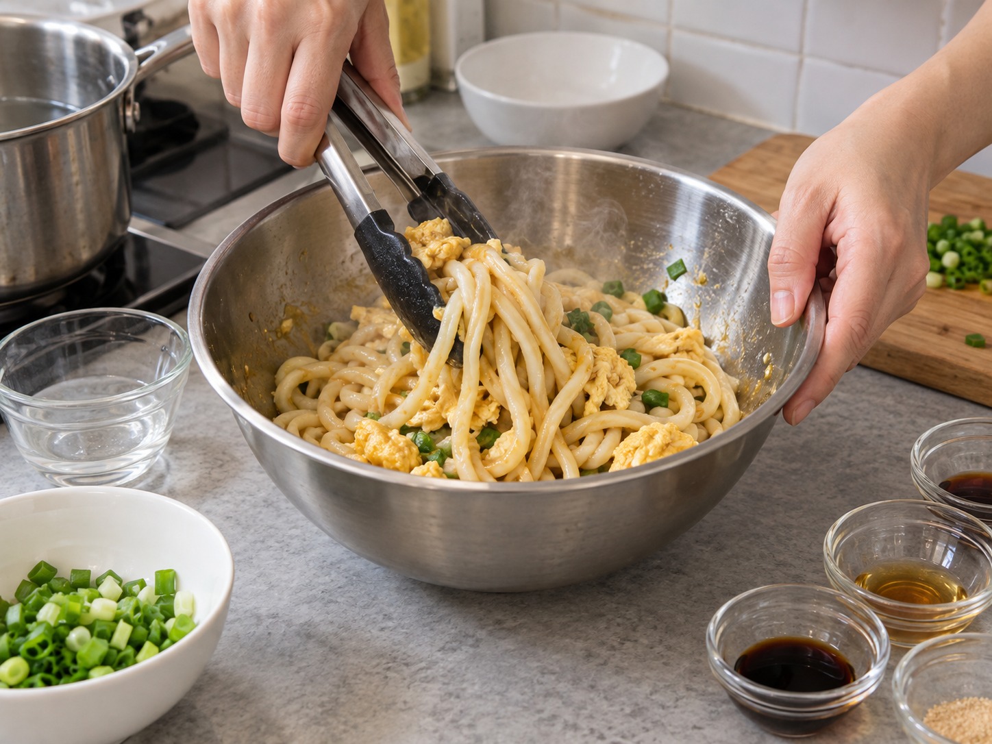 Japanese Udon na may Lutong-lutong Itlog — Idagdag ang mainit na udon at isang kutsarang pinaglutuan at haluin