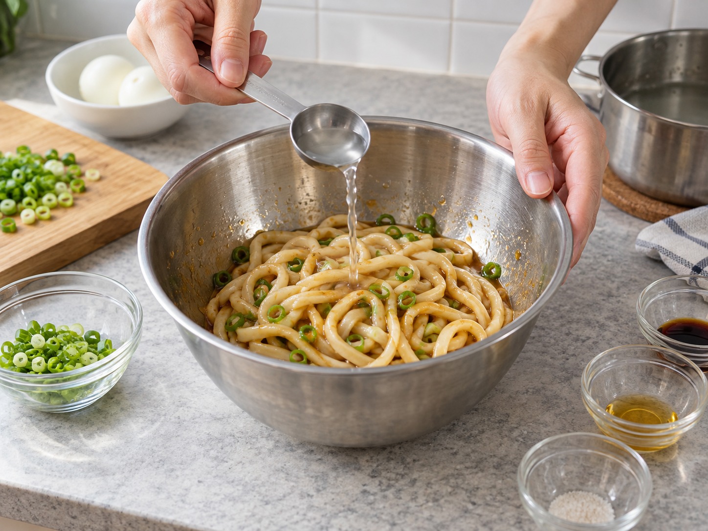 Japanese Udon na may Lutong-lutong Itlog — Idagdag lamang ang natitirang isang kutsarang tubig kung masyadong malapot ang sarsa