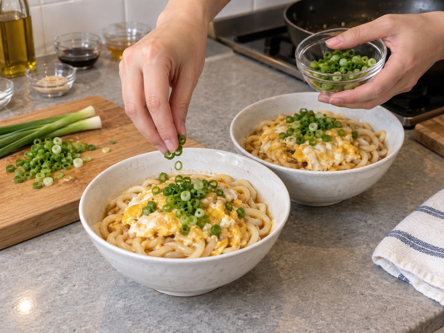 Japanese Udon na may Lutong-lutong Itlog — Budburan ng dahon ng sibuyas, hatiin sa mangkok at ihain agad