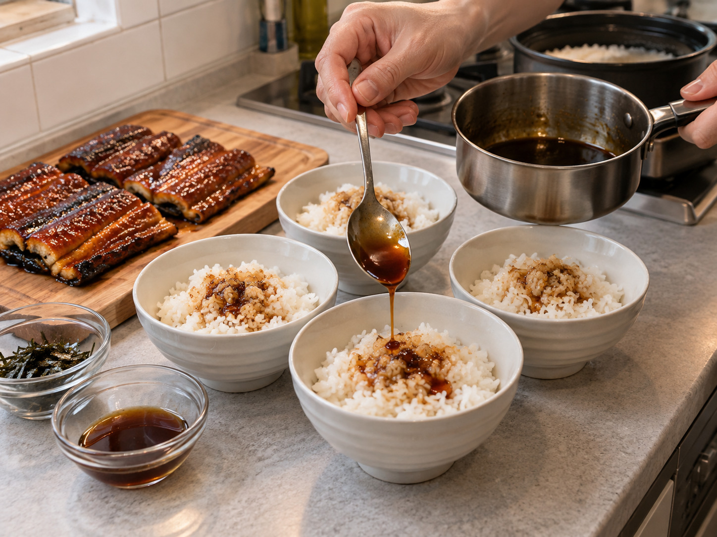 日式鰻魚丼 — 白飯分入四碗,淋少量鰻魚汁