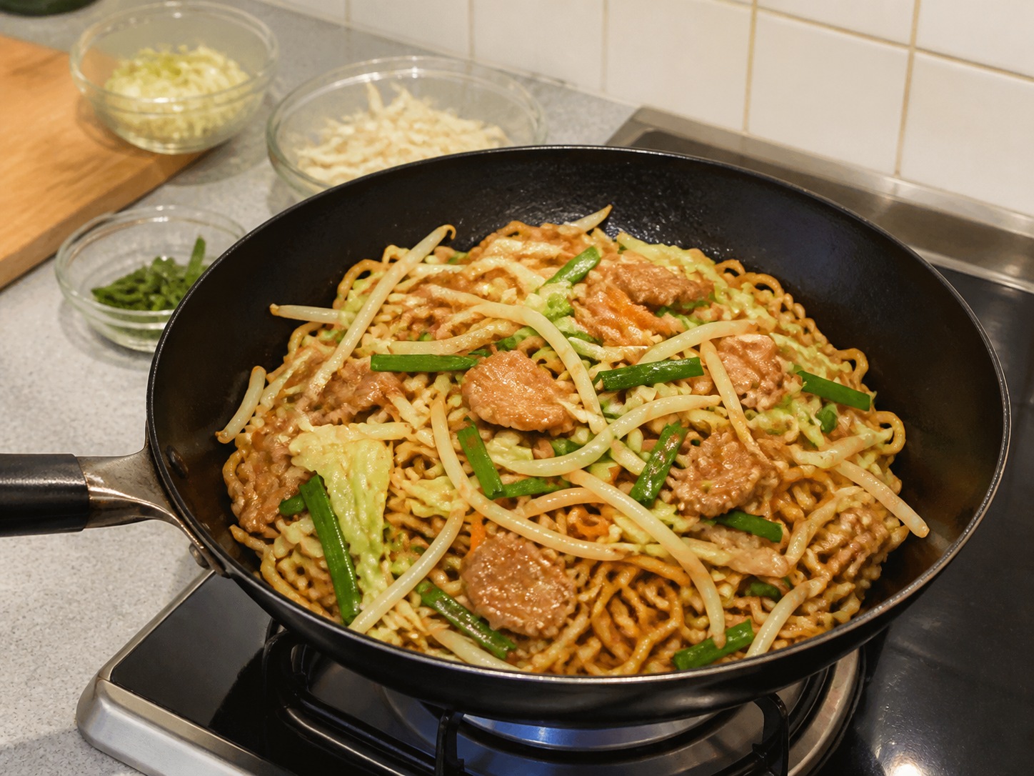 Yakisoba ala Jepang: Masukkan tauge dan daun bawang
