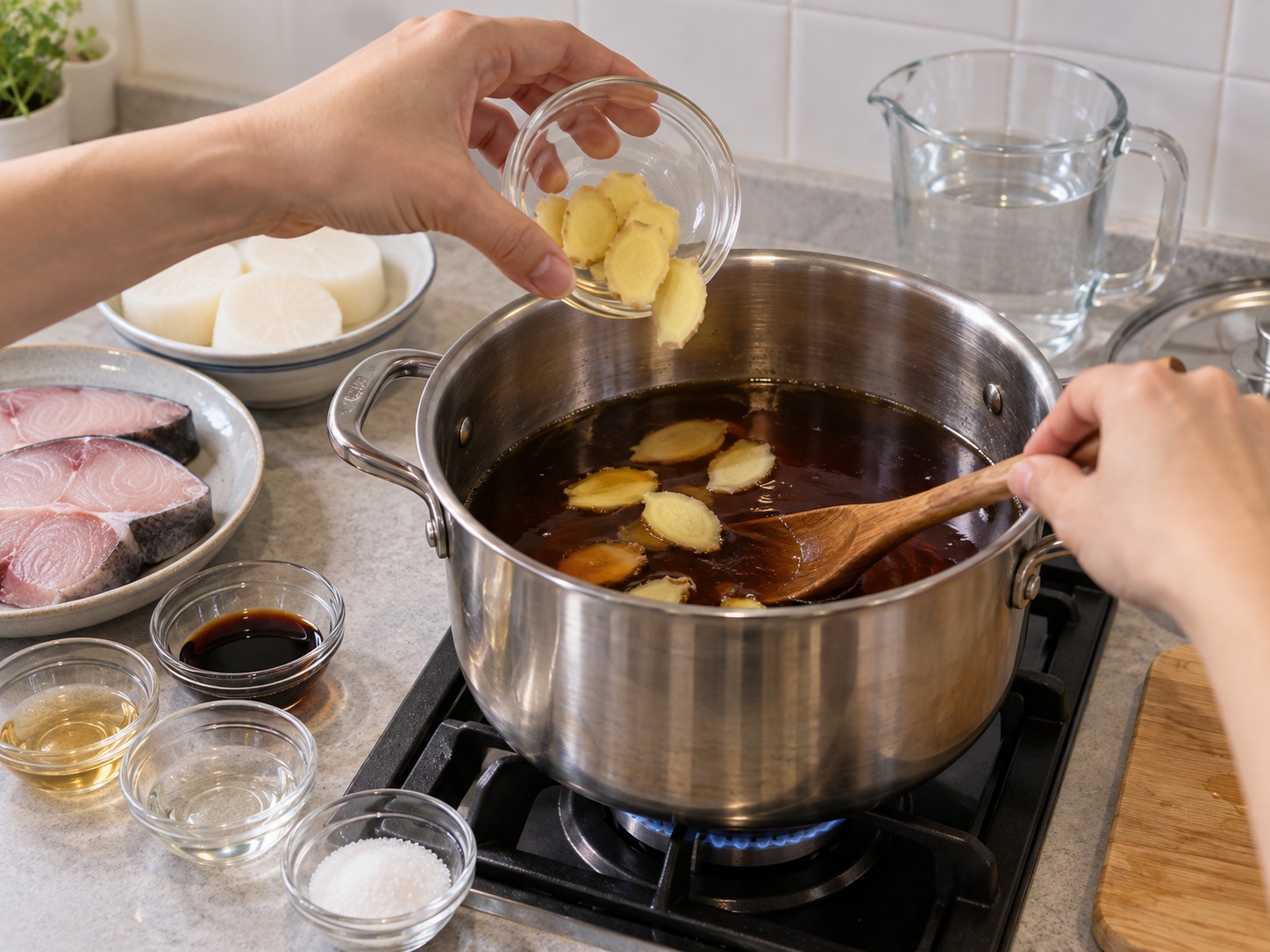 日式黃鰤煮蘿蔔 — 乾淨鍋中加入炆汁材料及薑片，煮至糖溶