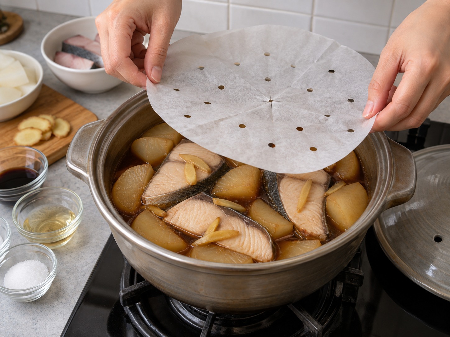 日式黃鰤煮蘿蔔 — 加入魚件，鋪一張有孔烘焙紙作落蓋