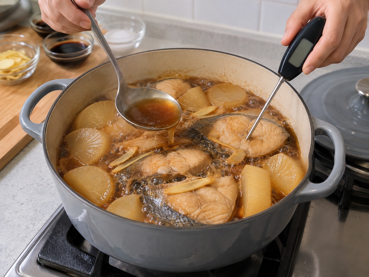 日式黃鰤煮蘿蔔 — 小火煮十五分鐘，中途淋汁，以食物溫度計確認魚中心至少達七十五度及蘿蔔柔軟