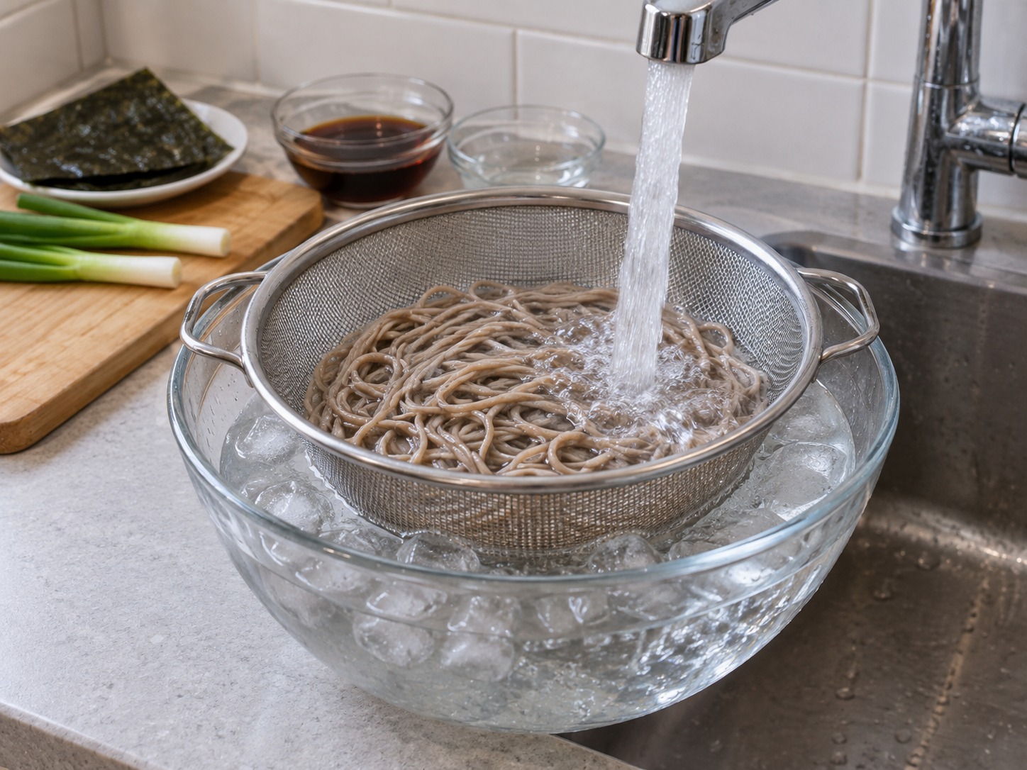 日式冷蕎麥麵 — 以冷水沖洗並搓去表面澱粉