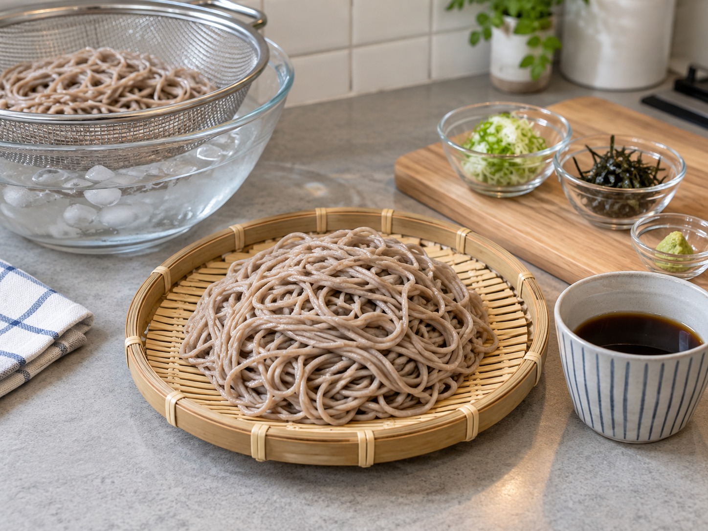 日式冷蕎麥麵 — 把冷麵整齊放在碟或竹簾上