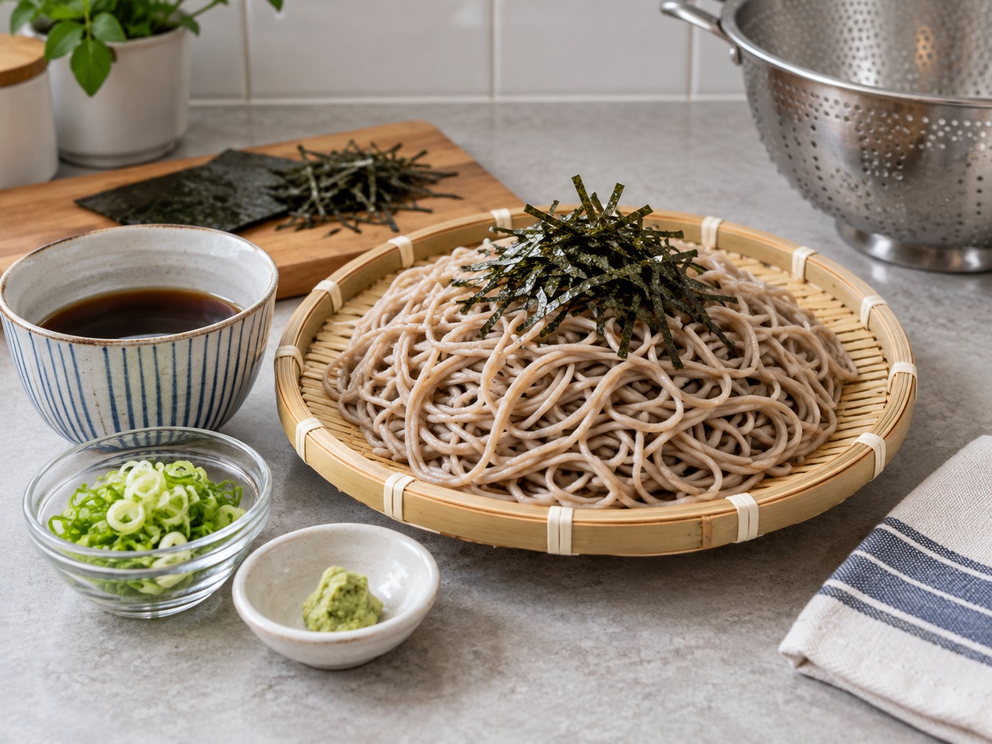 日式冷蕎麥麵 — 撒上海苔,配沾汁、蔥和芥末