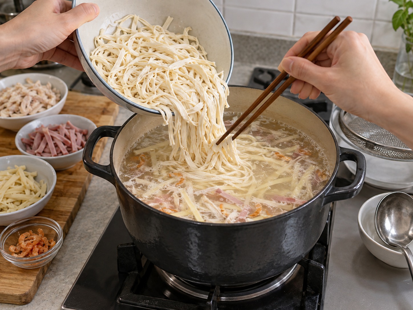 Jiangsu na Da Zhu Gan Si na Pinong Tokwa sa Sabaw — Idagdag ang hibla ng tokwa at dahan-dahang paghiwa-hiwalayin gamit ang chopsticks