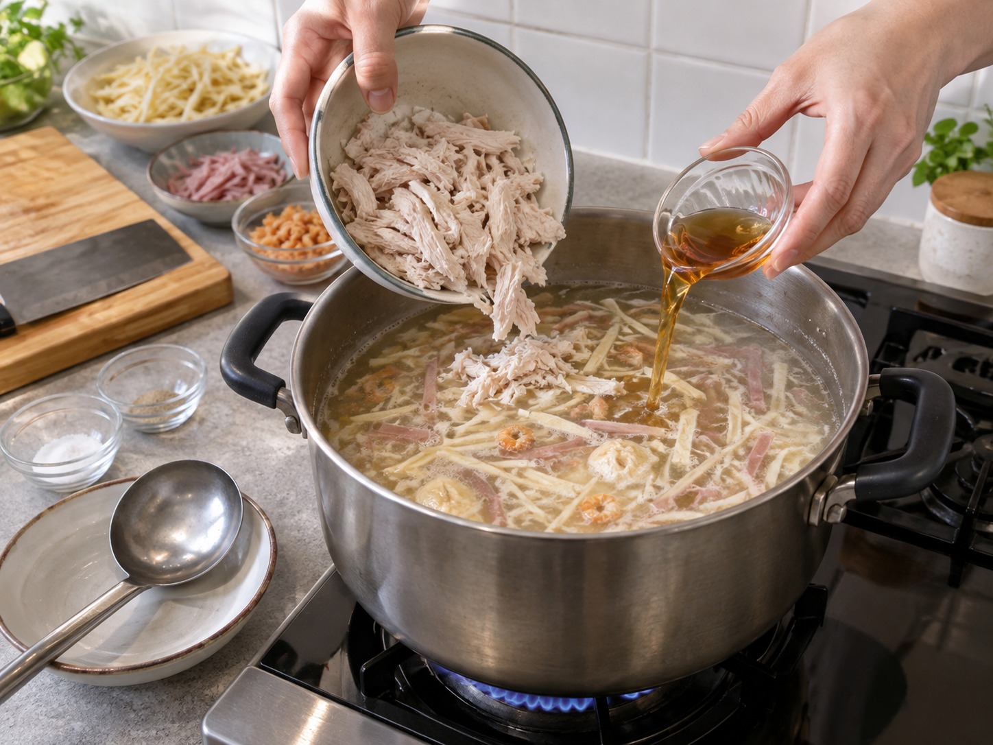 Jiangsu na Da Zhu Gan Si na Pinong Tokwa sa Sabaw — Idagdag ang manok at alak na Shaoxing at lutuin nang tatlong minuto hanggang mainit