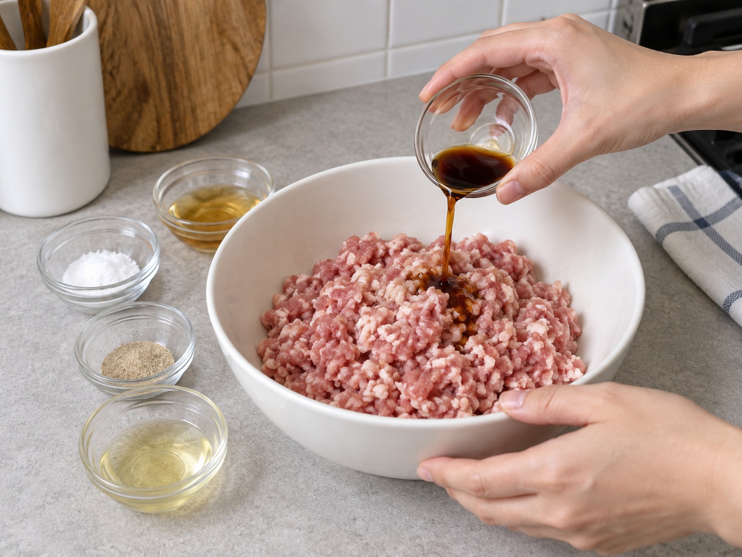 清燉獅子頭 — 肉粒加鹽、白胡椒、紹酒、生抽和蛋白。
