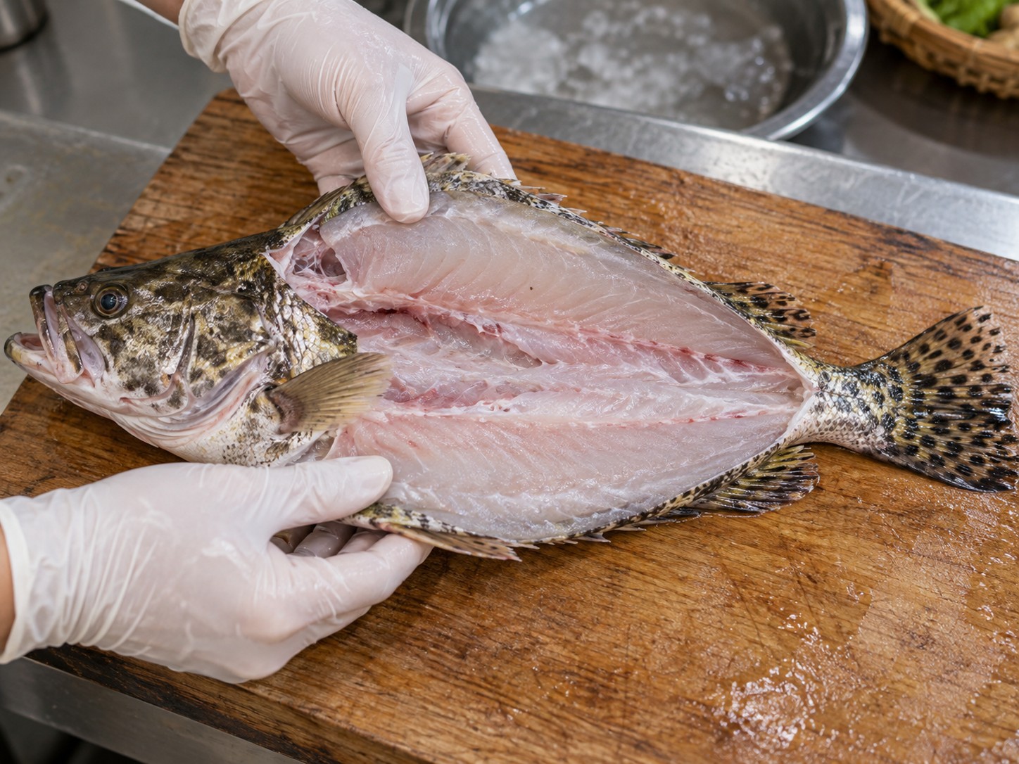 松鼠桂魚 — 1. 請魚販替桂魚去鱗、去內臟及起骨，保留魚頭和魚尾。