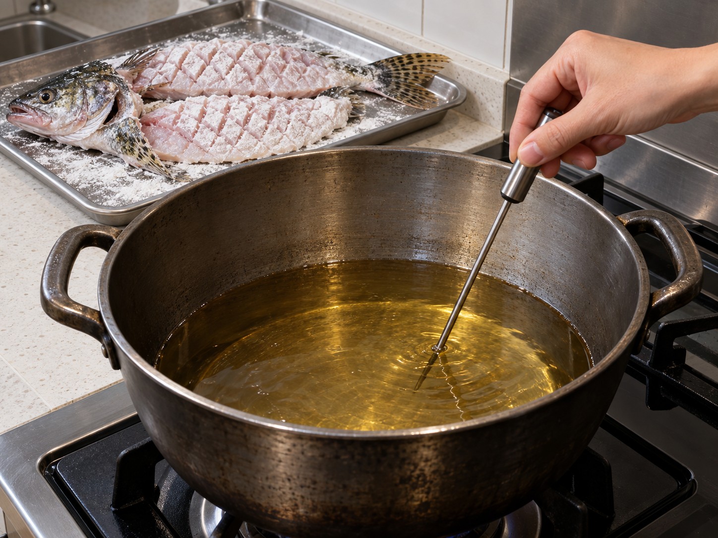 松鼠桂魚 — 7. 厚身深鍋的炸油加熱至175°C，油量不可超過鍋高一半。