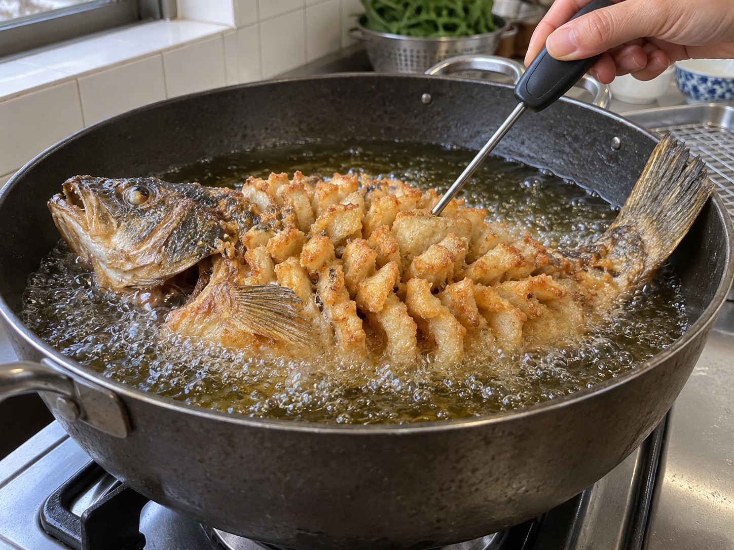 松鼠桂魚 — 9. 炸約8至10分鐘至酥脆，最厚魚肉至少63°C。