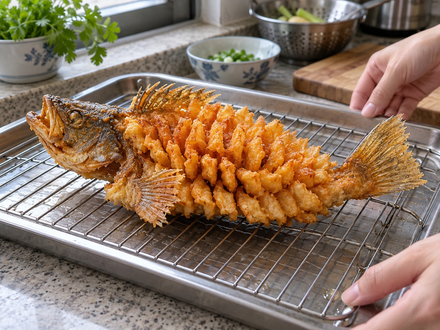 松鼠桂魚 — 10. 魚放在金屬架瀝油，保持張開的花刀形狀。