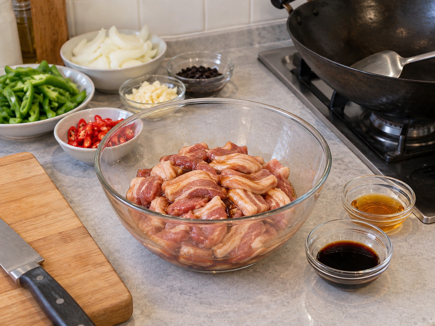 江西小炒肉 — 以生抽和紹興酒拌勻豬肉