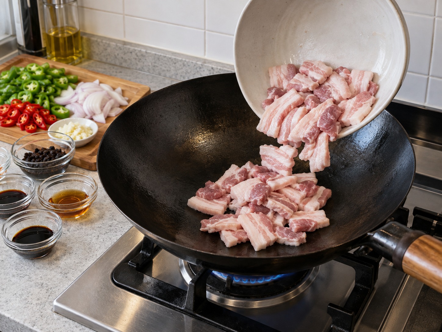 江西小炒肉 — 燒熱乾鑊後放入五花腩