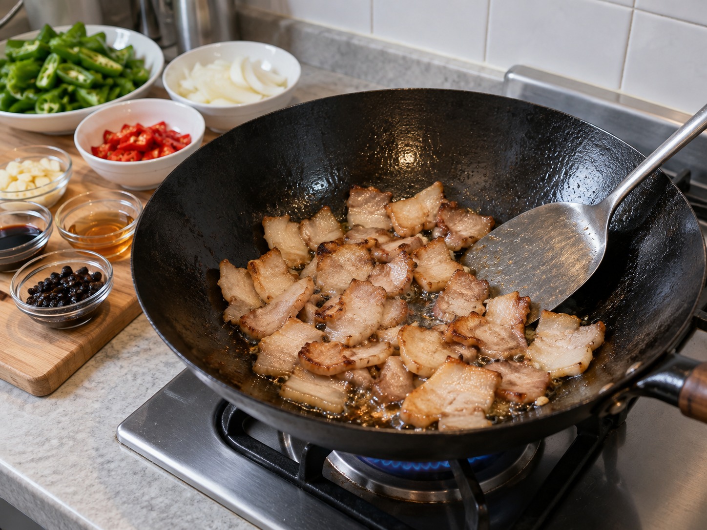 江西小炒肉 — 炒至出油和邊緣微焦