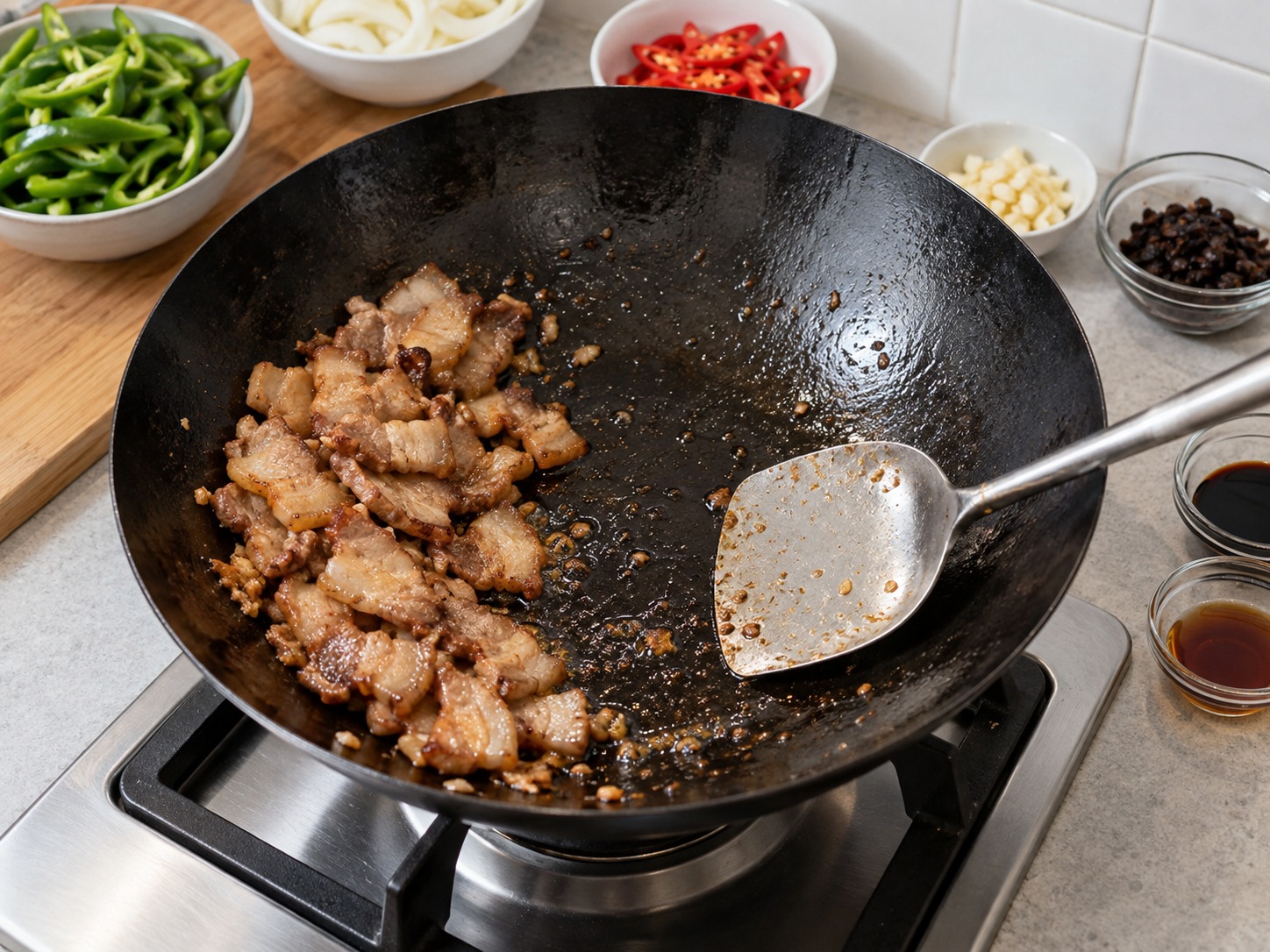 江西小炒肉 — 將豬肉推到鑊邊