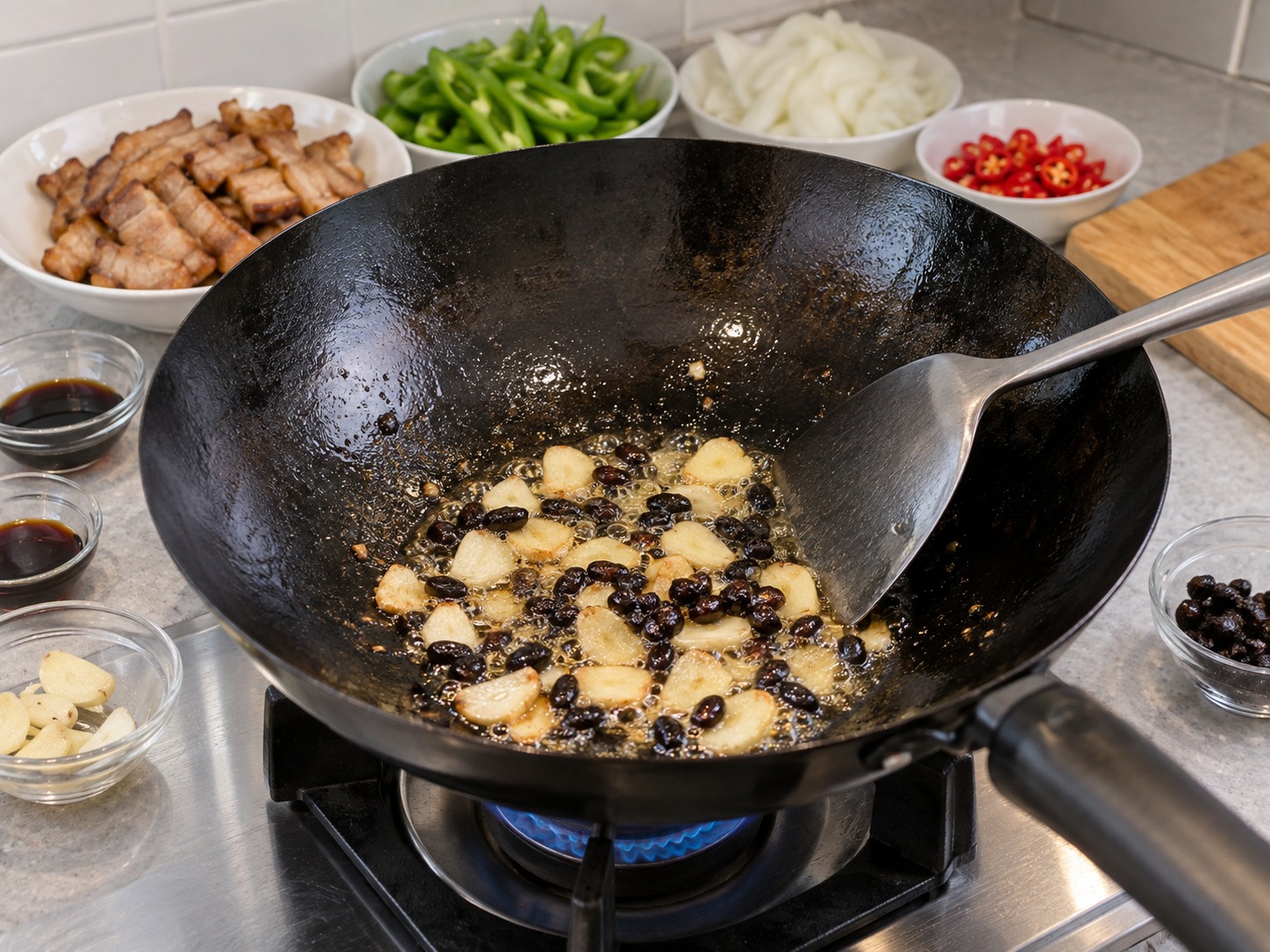 江西小炒肉 — 利用豬油炒香蒜片和豆豉