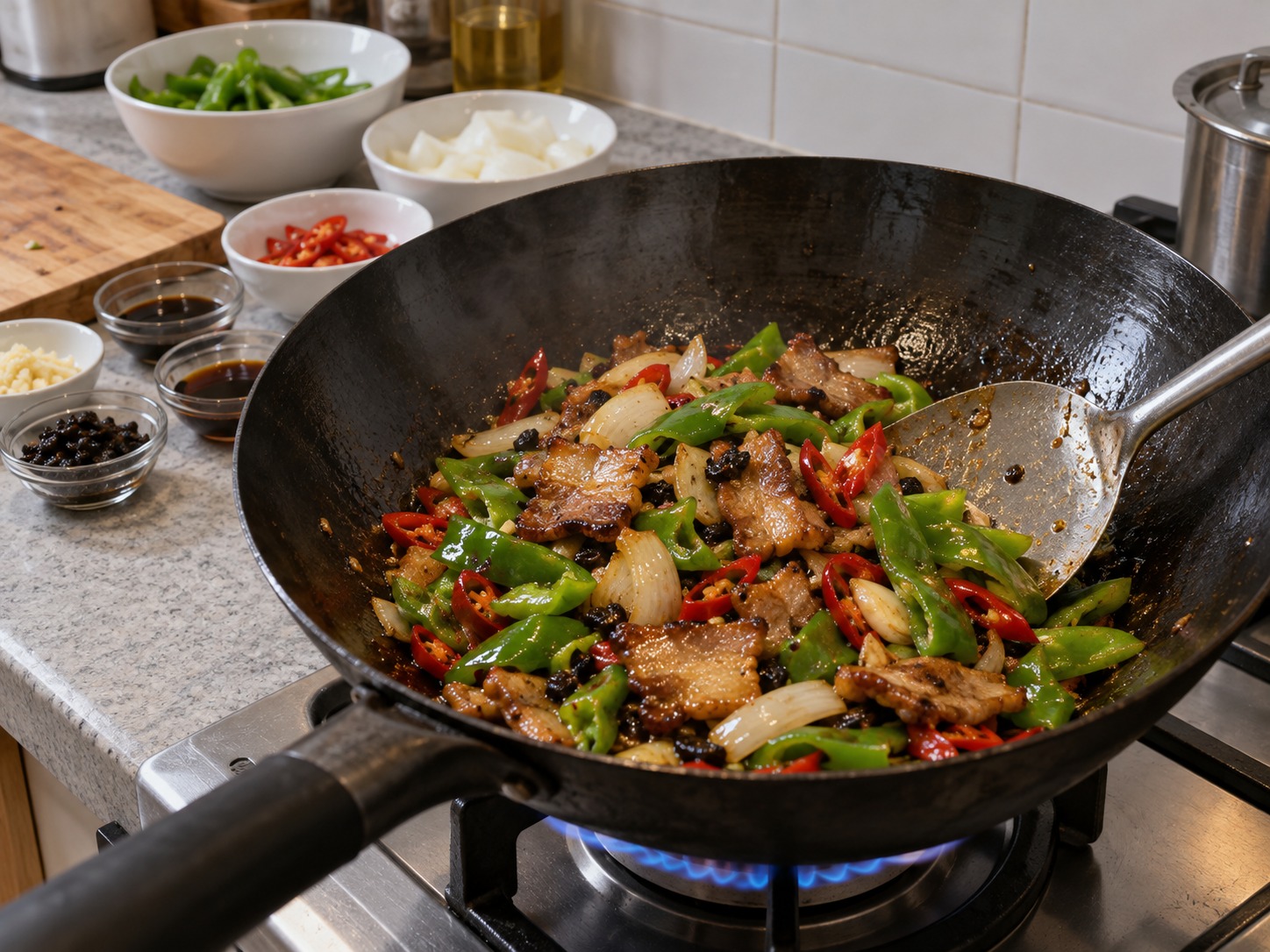 江西小炒肉 — 炒兩分鐘至椒仍爽脆