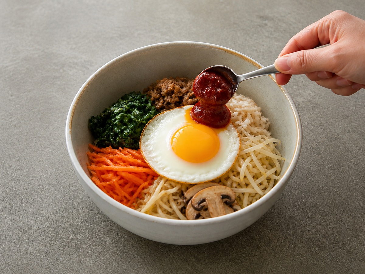Korean Bibimbap: Idagdag ang itlog at gochujang