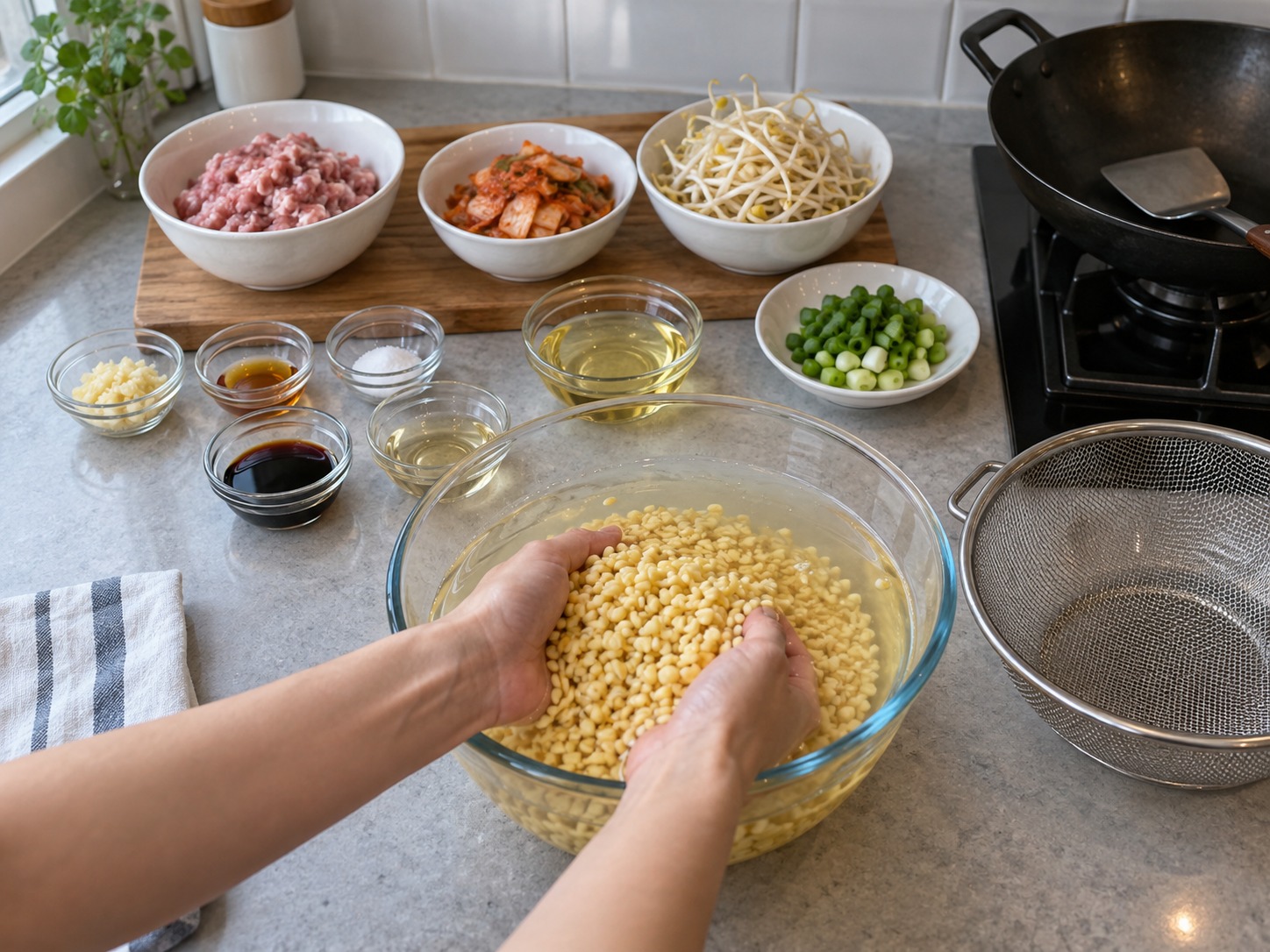 韓式綠豆煎餅 Bindaetteok — 綠豆洗淨浸水四小時，瀝乾