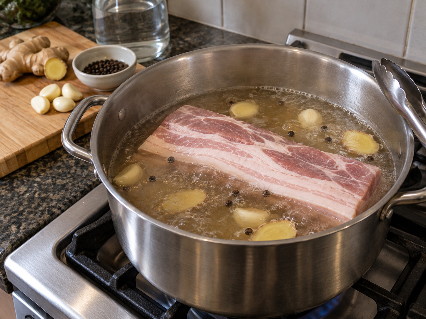 韓式白切豬肉生菜包 — 放入豬腩，轉小火保持微滾
