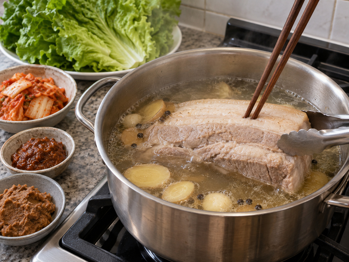 韓式白切豬肉生菜包 — 翻肉並續煮至筷子易穿透